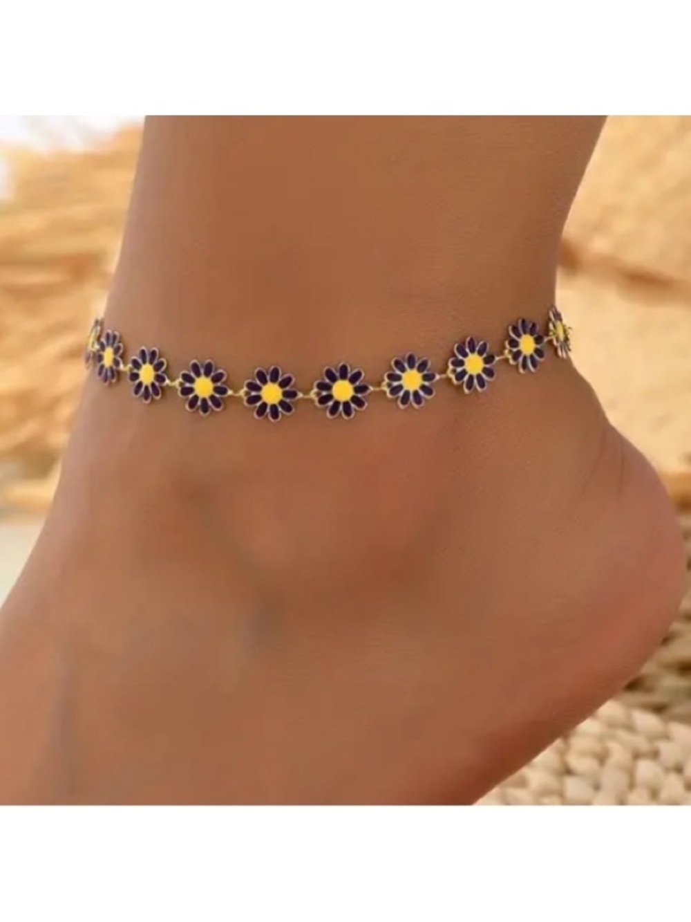 Purple Flower Daisy Gold Toned Anklet